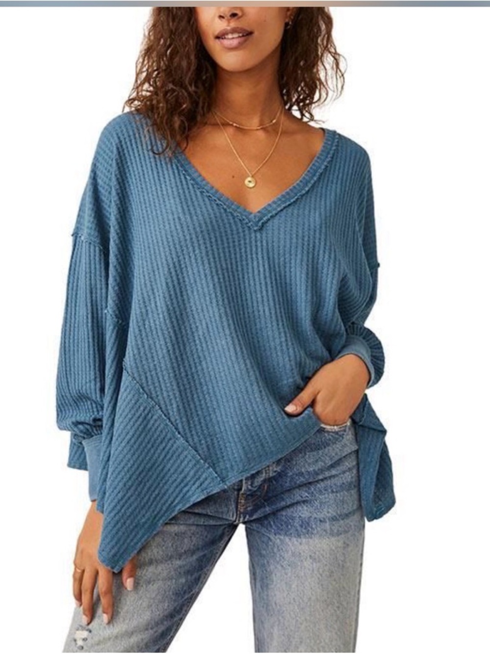 Free People Coraline Thermal Top,  Washed Blue Ribbed V-Neck Long Sleeve Top